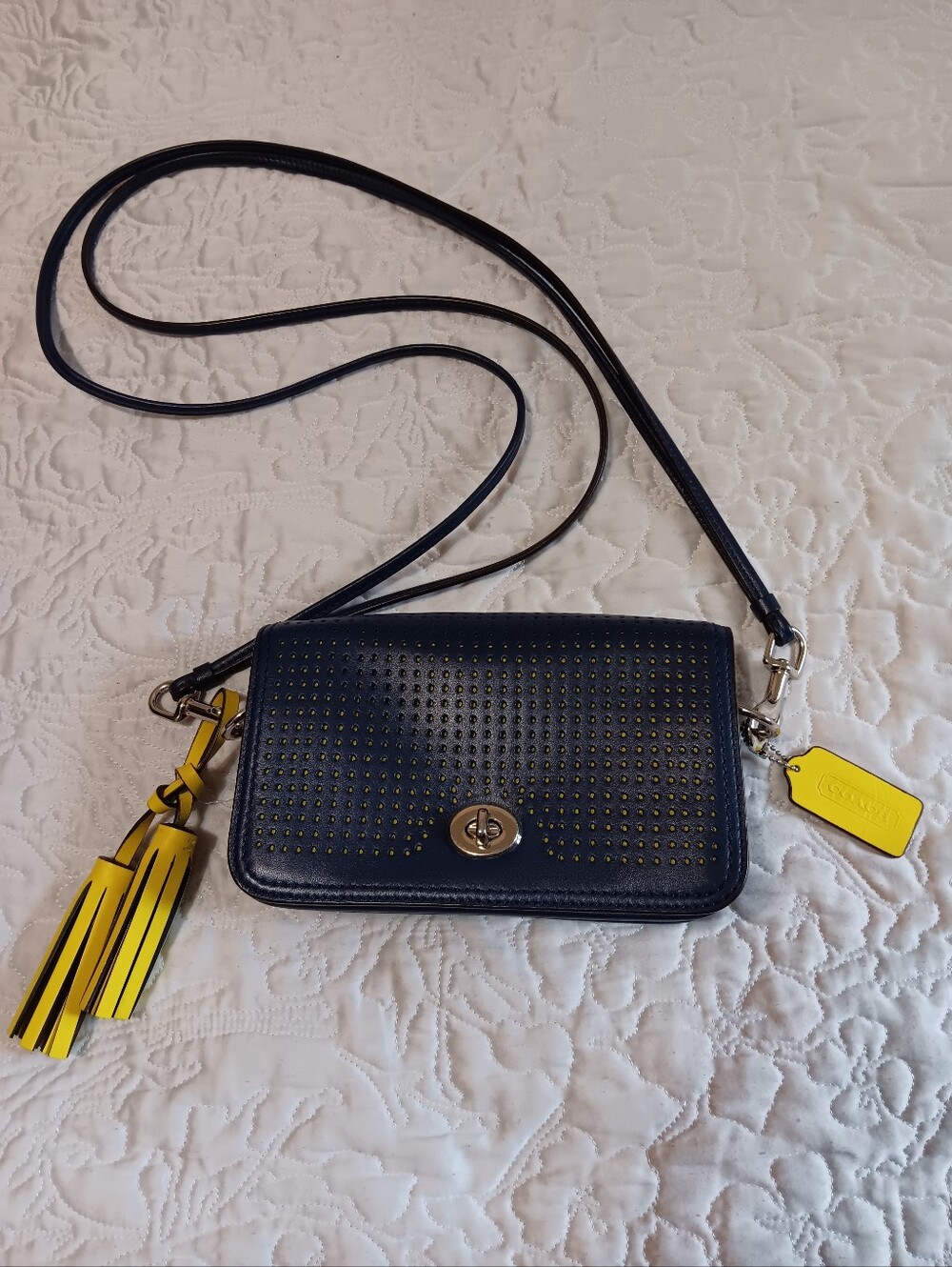 Coach Navy Legacy Penny Perforated LeatherCrossbody Bag with Yellow Tassel Charm